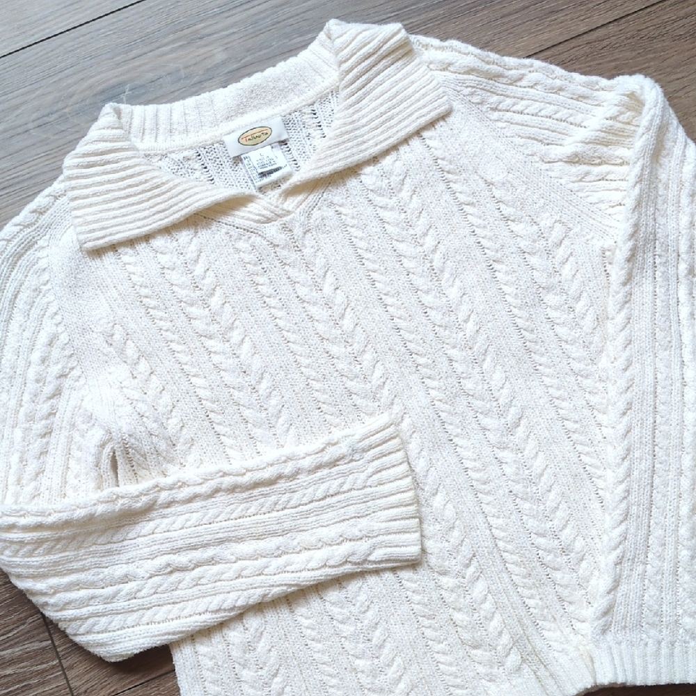 Vintage Y2K Talbots Chunky Knit Collared  Sweater - White Cream Cotton - L‎